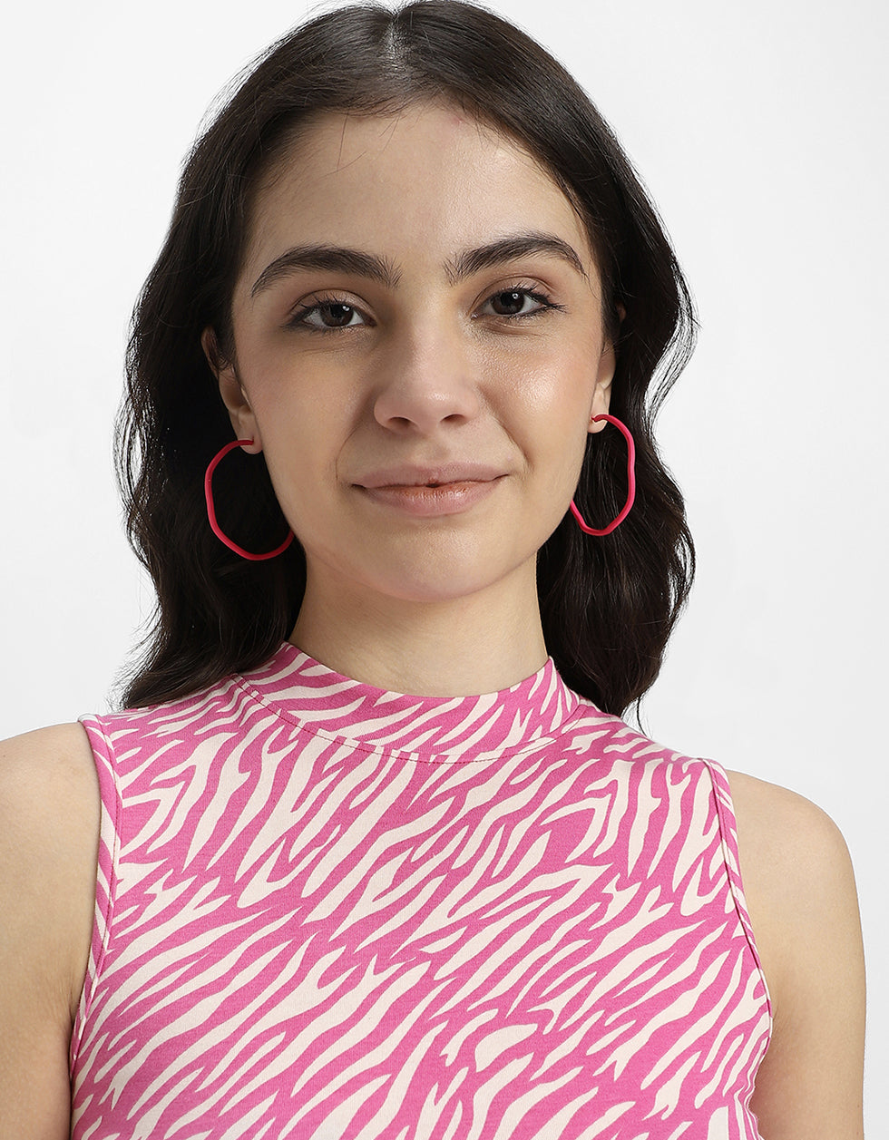 Pink Printed High Neck Cropped Tank Top