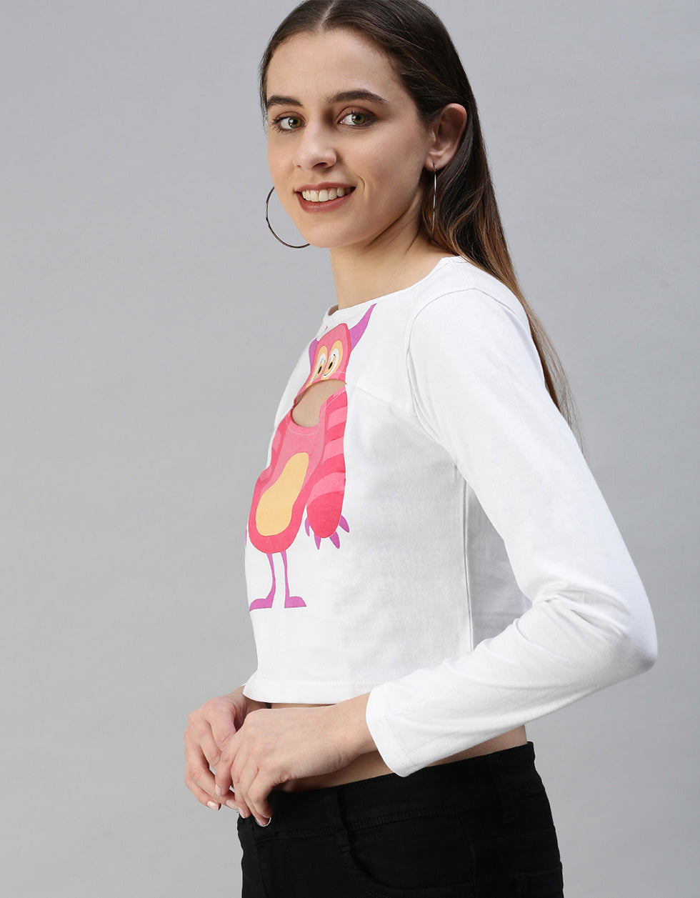 Owl White Graphic Printed Crop-Top