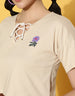 Beige Placement Printed V-Neck Crop Top With Trouser Co-Ords Set