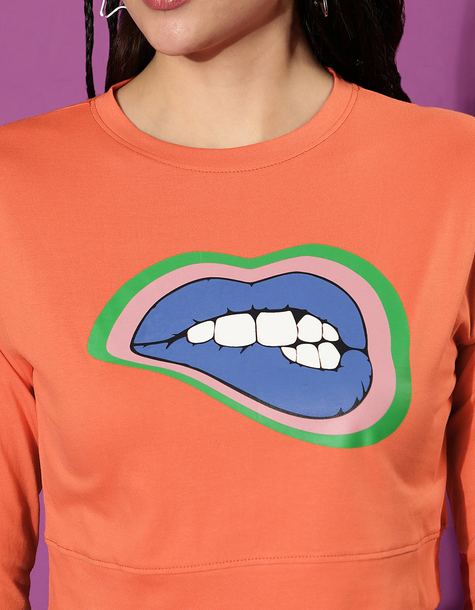 Lips Orange Graphic Printed Crop-Top