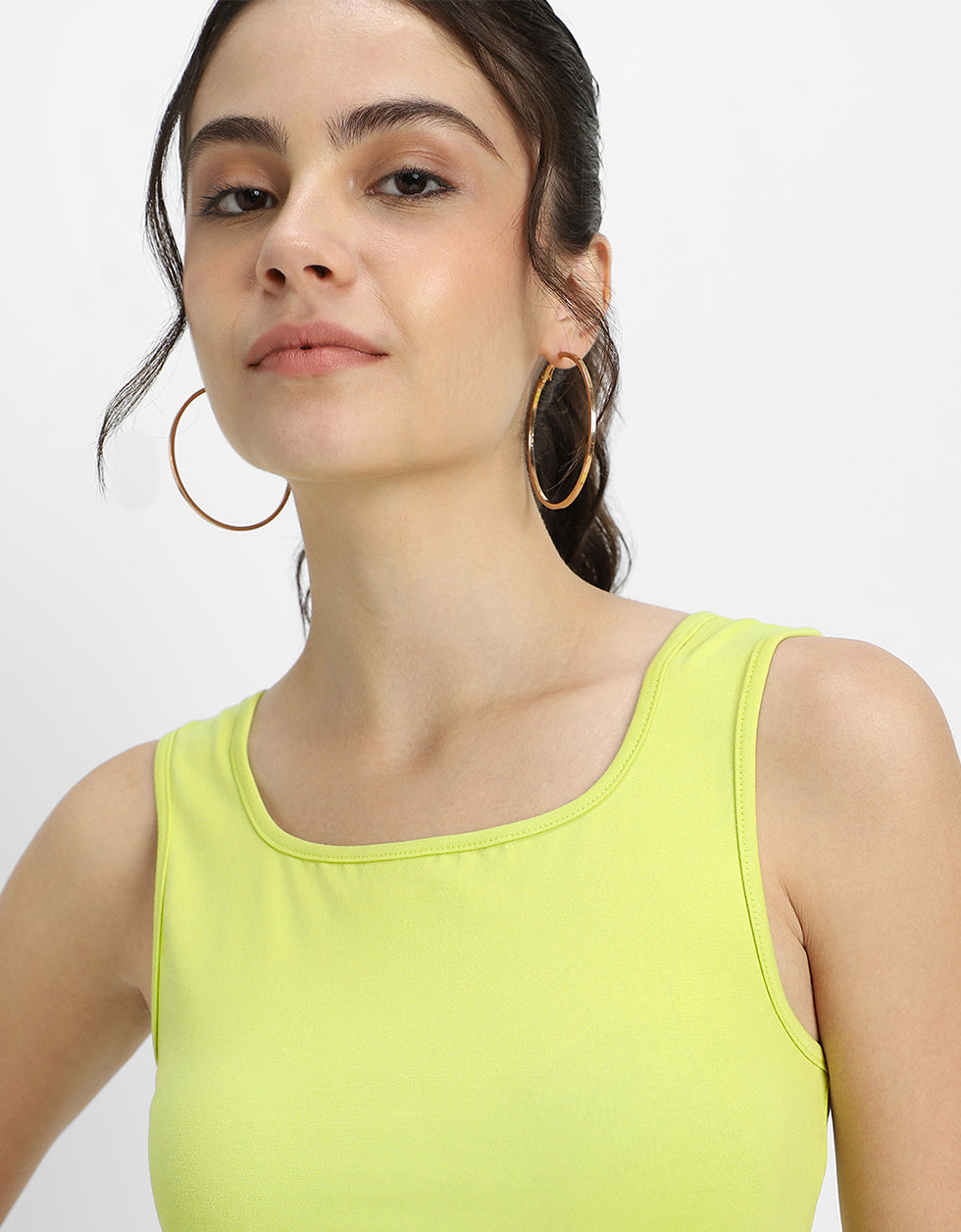 Lime Green Plain Square Neck Cropped Tank Top