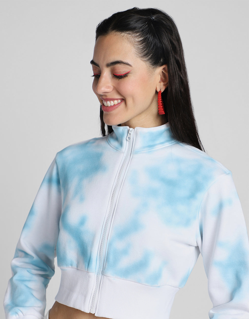 Babe Printed Tie-Dye Regular Fit White Zipper Crop Jacket