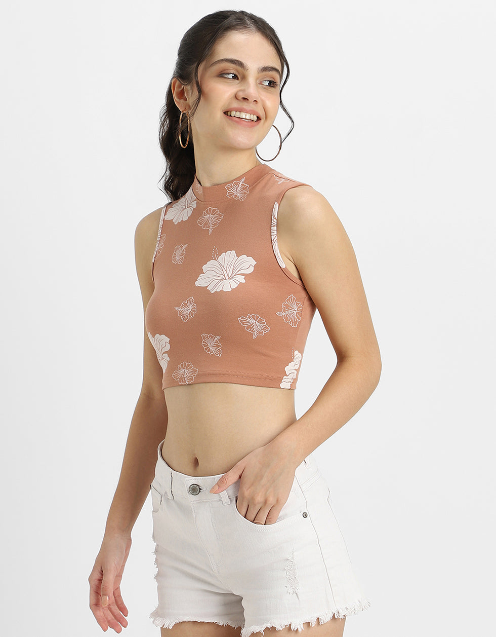 Brown Printed High Neck Cropped Tank Top