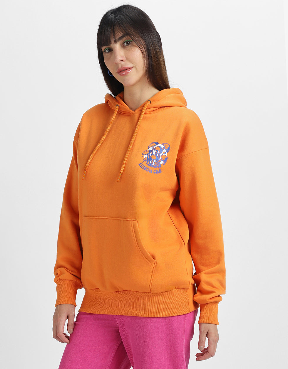 Mushroom Club Graphic Printed Orange Oversized Hoodie