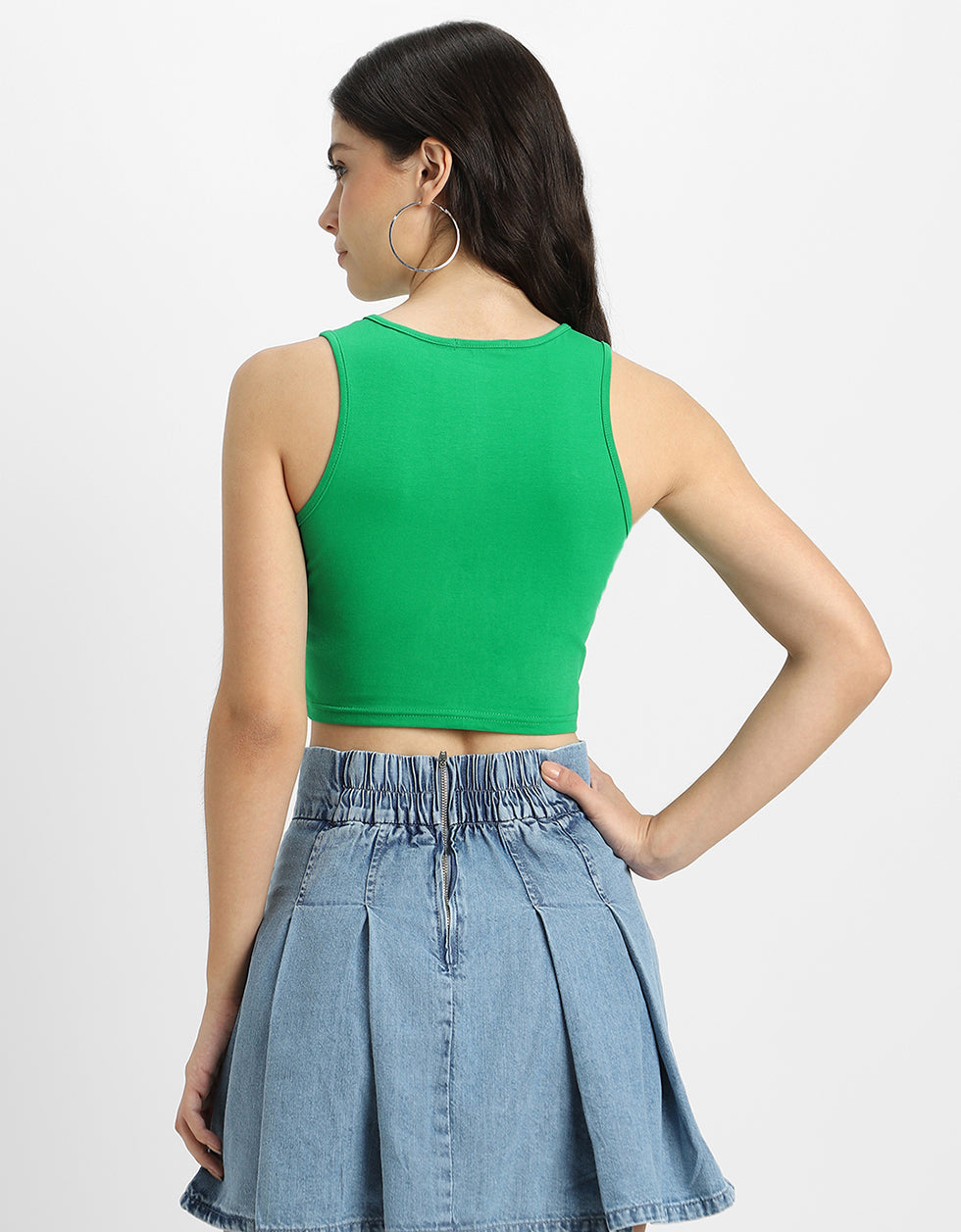 Green Plain Round Neck Cropped Tank Top