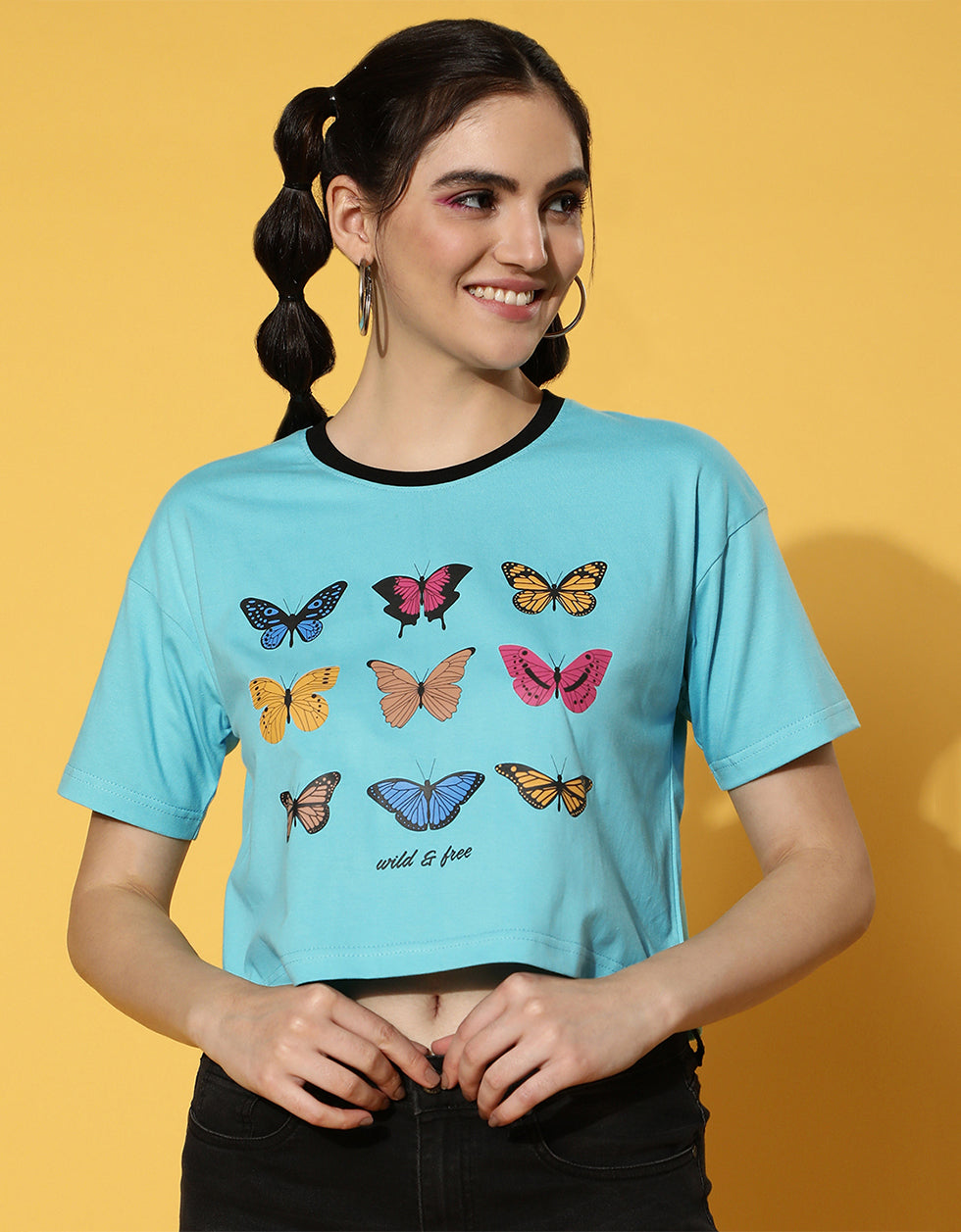 Wild & Free Blue Graphic Printed Crop-Top
