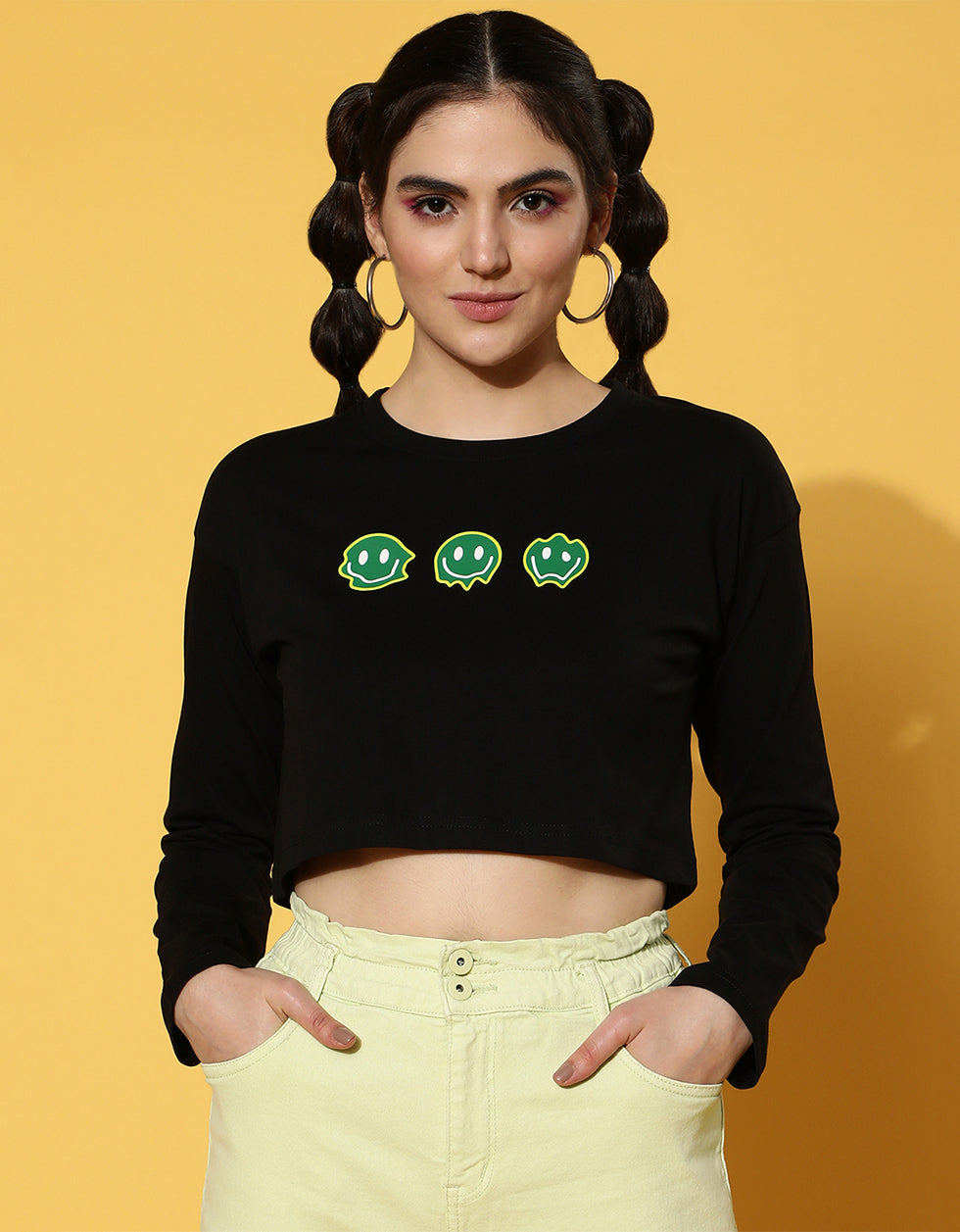Mood For The Day Black Graphic Printed Crop-Top