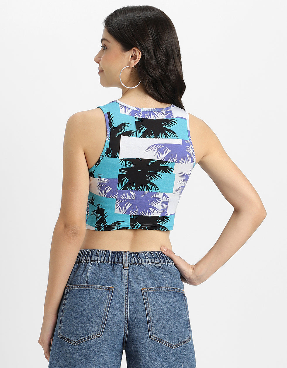 White Printed Round Neck Cropped Tank Top