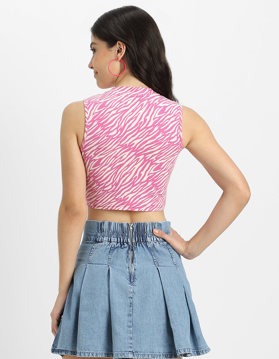 Pink Printed High Neck Cropped Tank Top