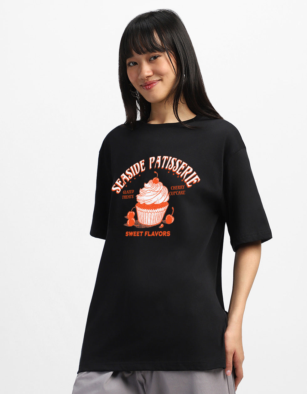 Seaside Patisserie Typographic Printed Oversized Fit Black T-Shirt