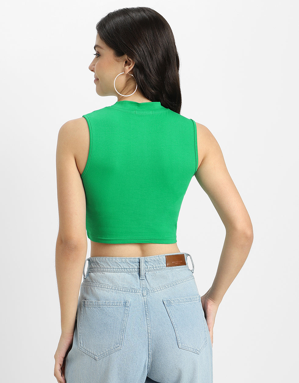 Green Plain High Neck Cropped Tank Top
