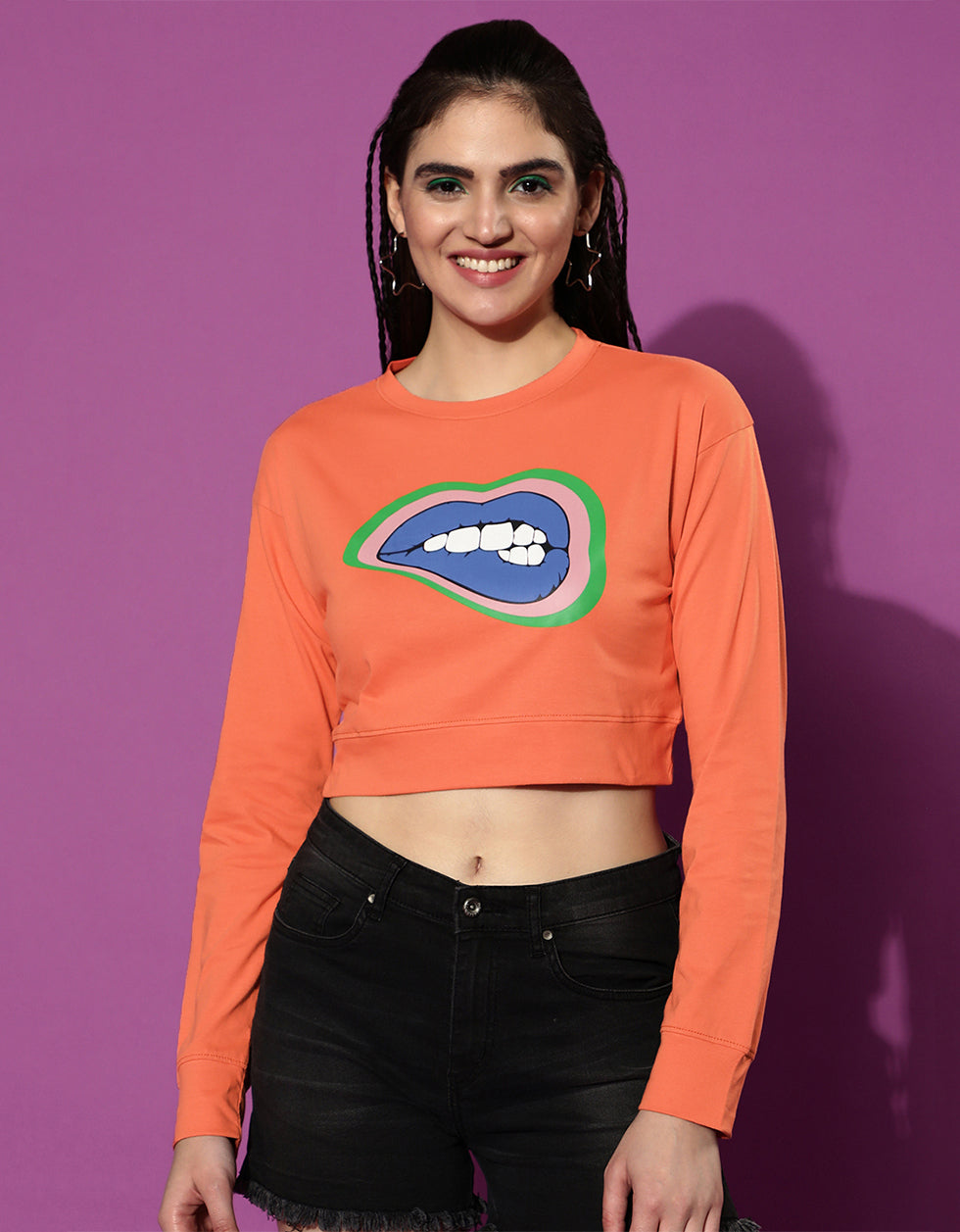 Lips Orange Graphic Printed Crop-Top