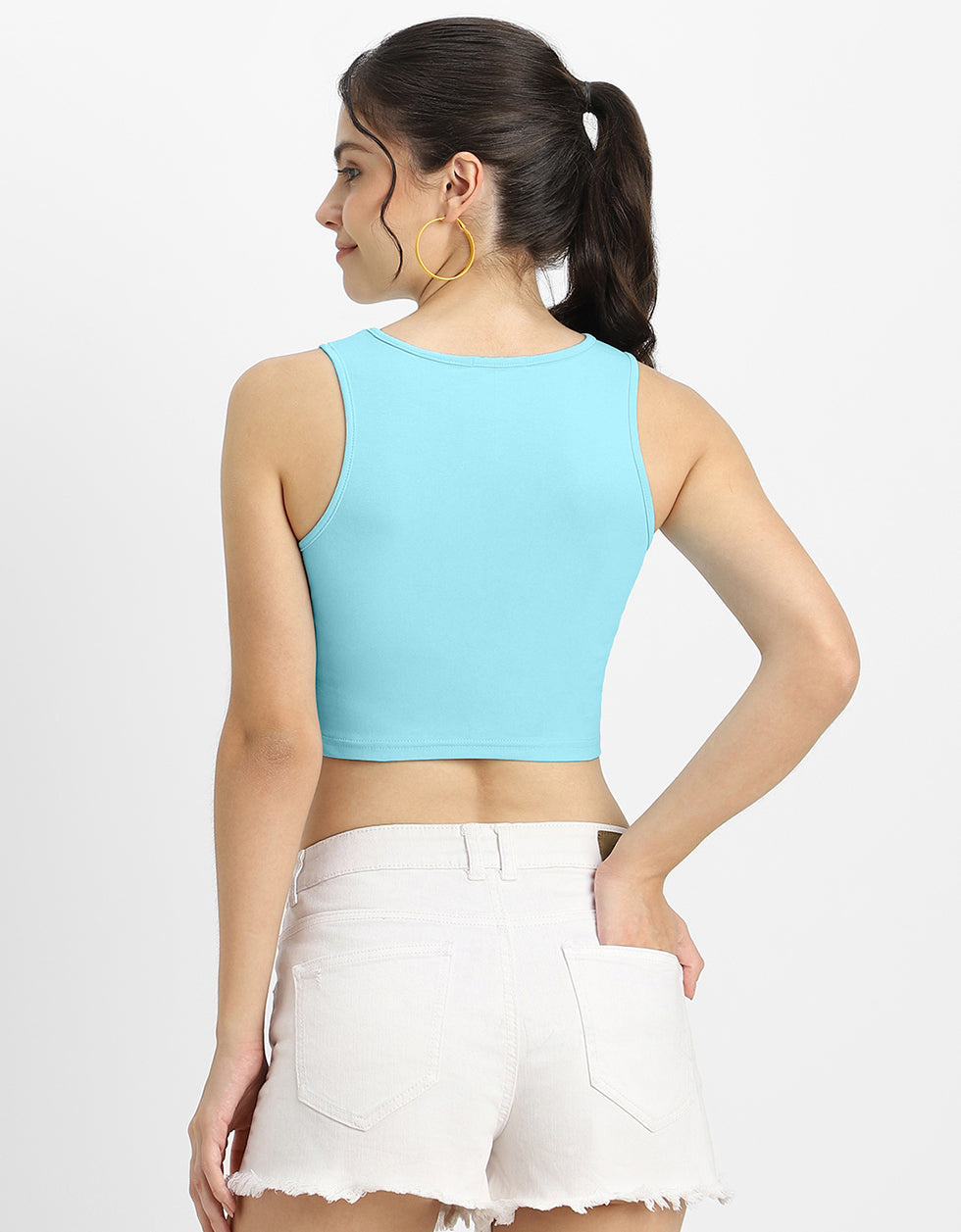 Ice Blue Plain Round Neck Cropped Tank Top
