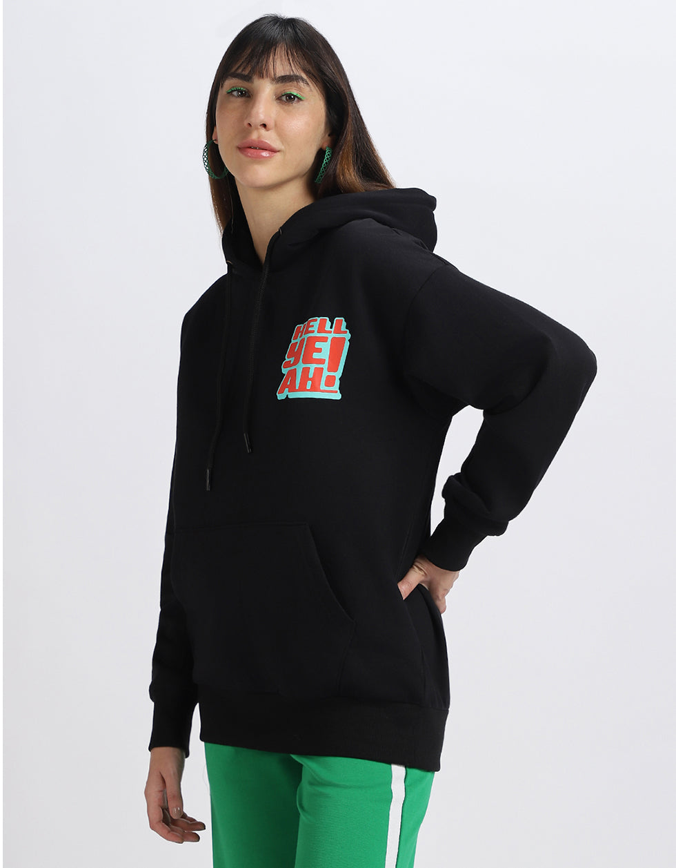 Hell Yeah Printed Black Oversized Hoodie