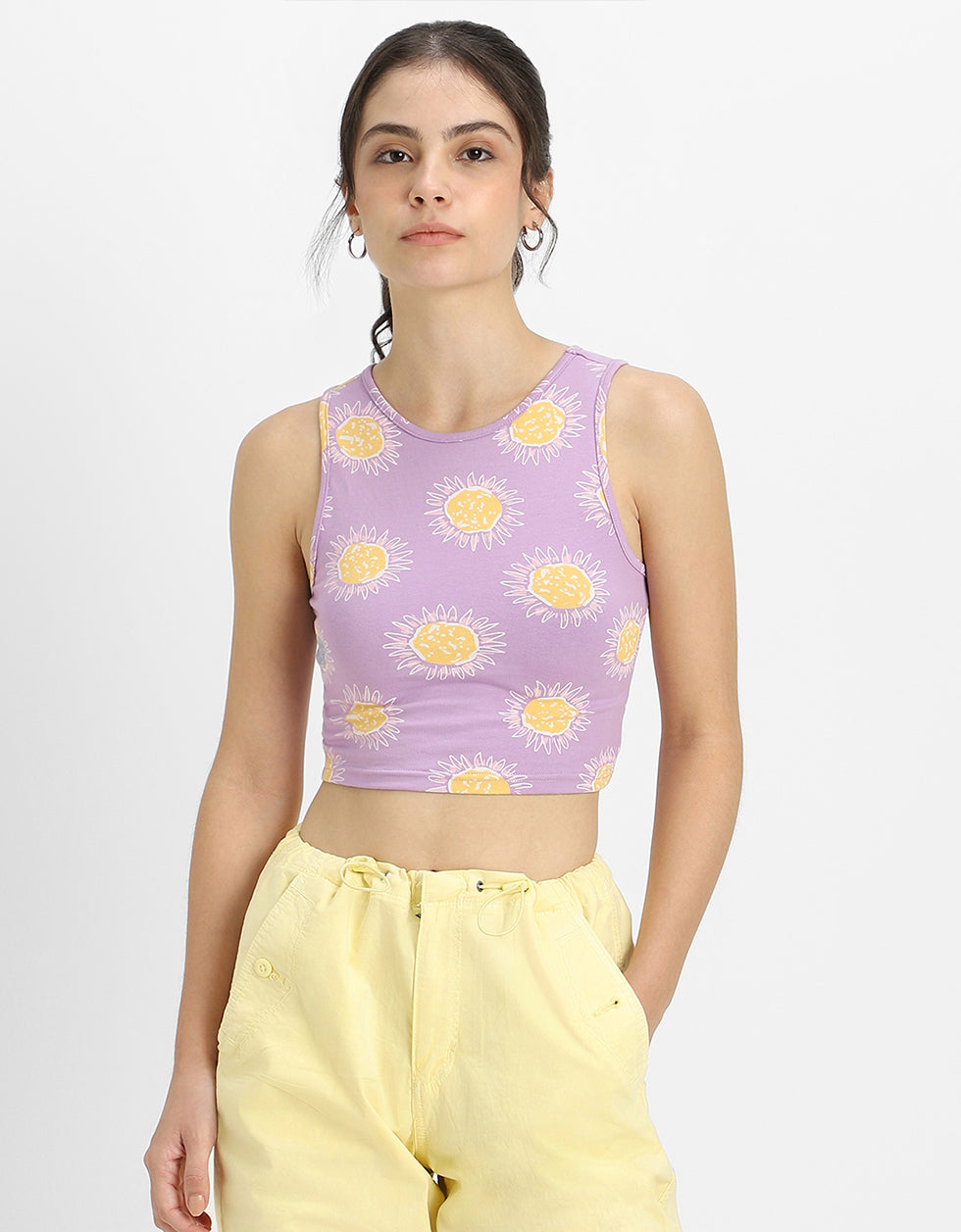 Lilac Printed Round Neck Cropped Tank Top