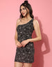 Black Floral Print One Shoulder Dress