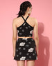 Black Floral Print Halter Neck Crop Top and Skirt Set