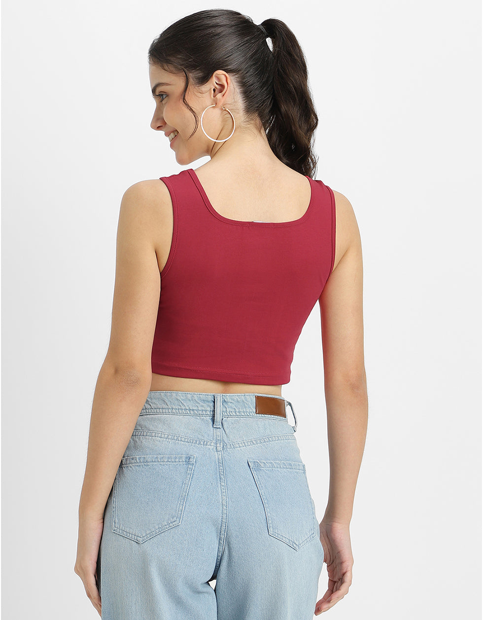 Viva Magenta Plain Square Neck Cropped Tank Top