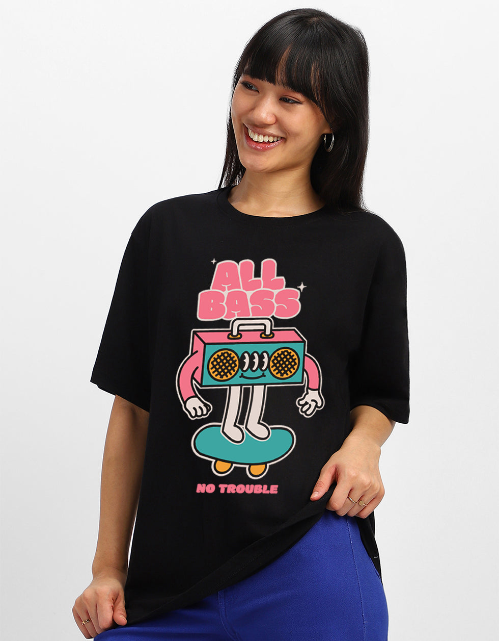 All Bass Black Oversized Graphic Printed T-Shirt