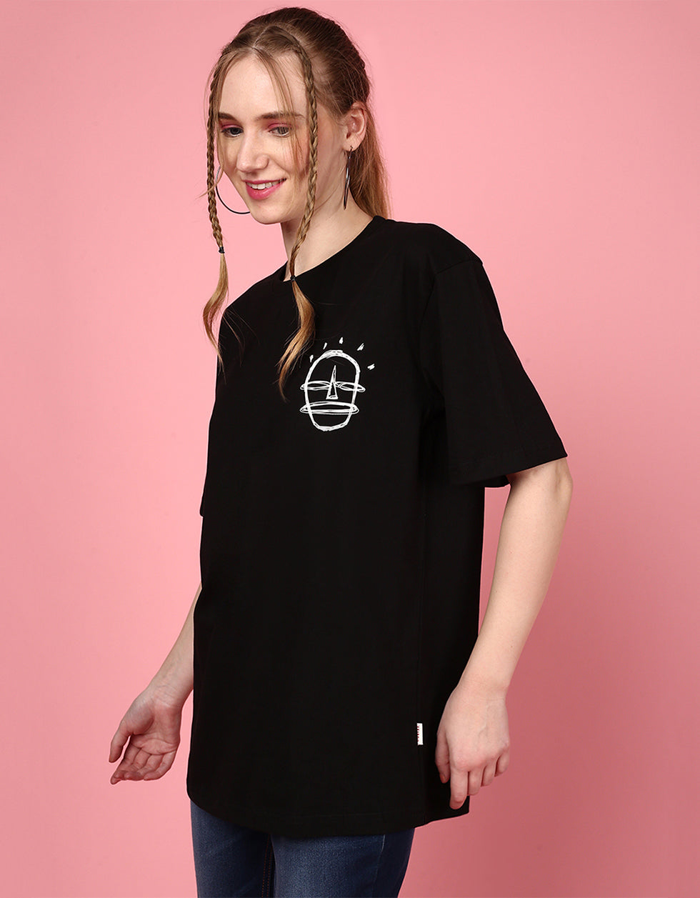 Happy Guy Black Graphic Printed Oversized T-Shirt
