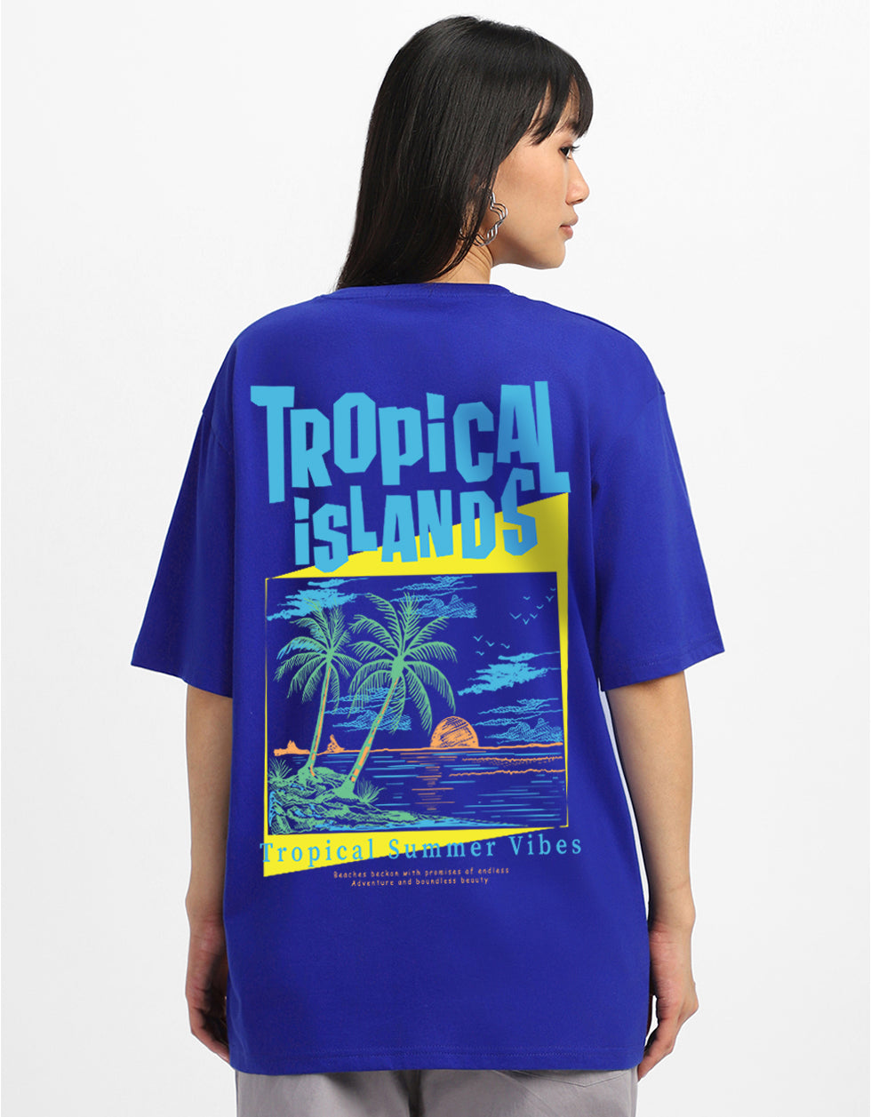 Tropical Island Royal Blue Oversized Fit Graphic T-Shirt