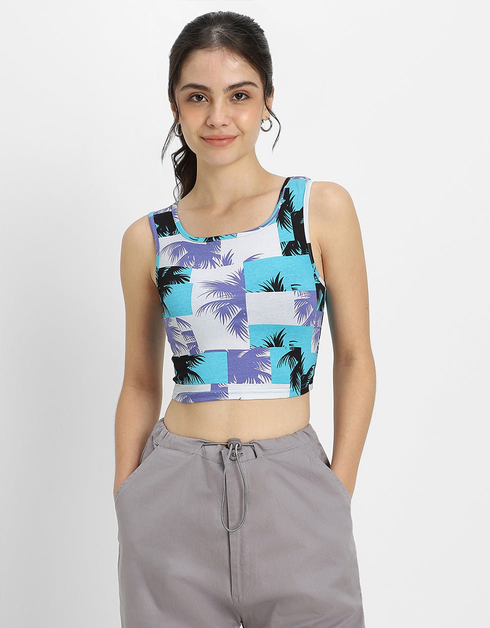 White & Blue Printed Square Neck Cropped Tank Top