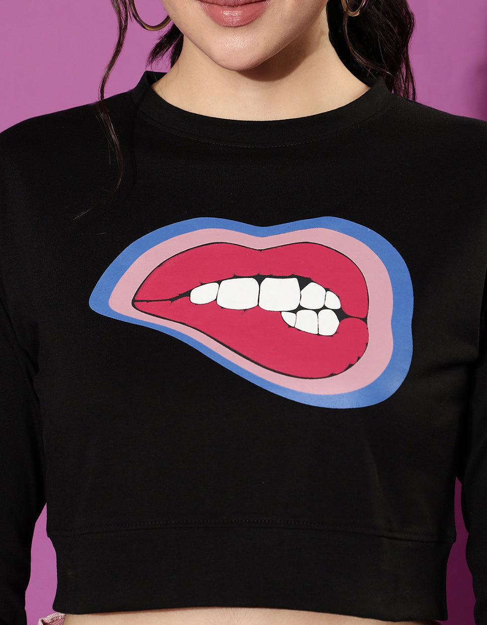 Lips Black Graphic Printed Crop-Top