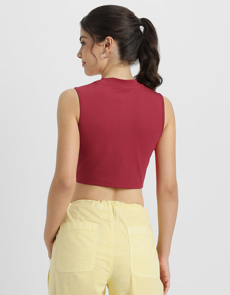 Viva Magenta Plain High Neck Cropped Tank Top