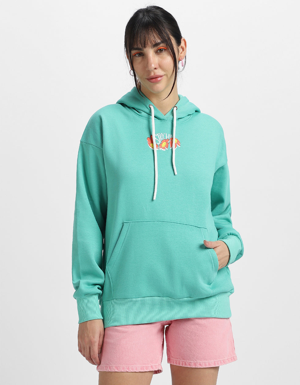 Stay High Graphic Printed Green Oversized Hoodie
