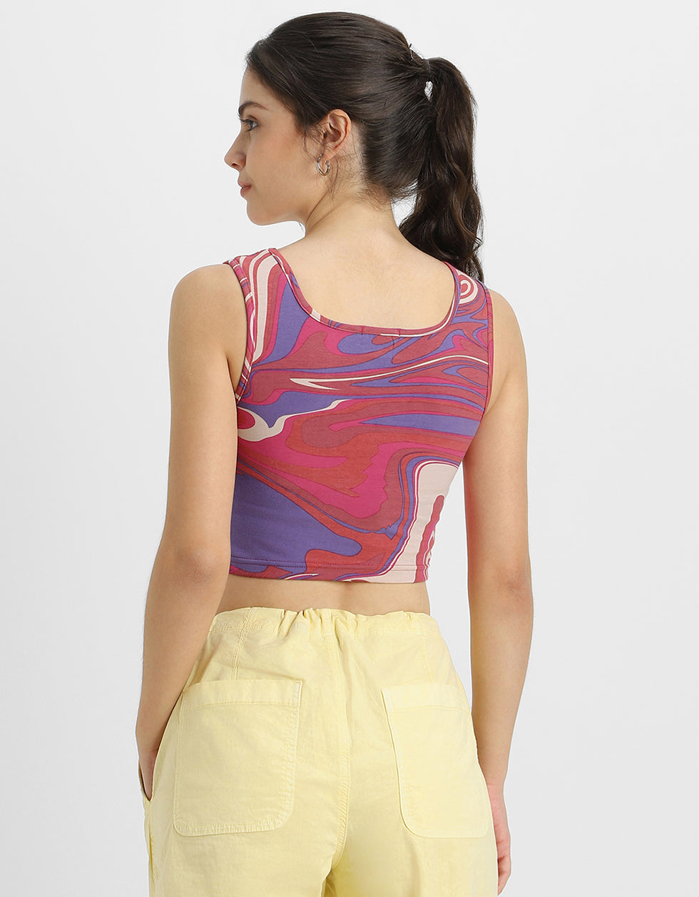 Pink Abstract Printed Round Neck Cropped Tank Top