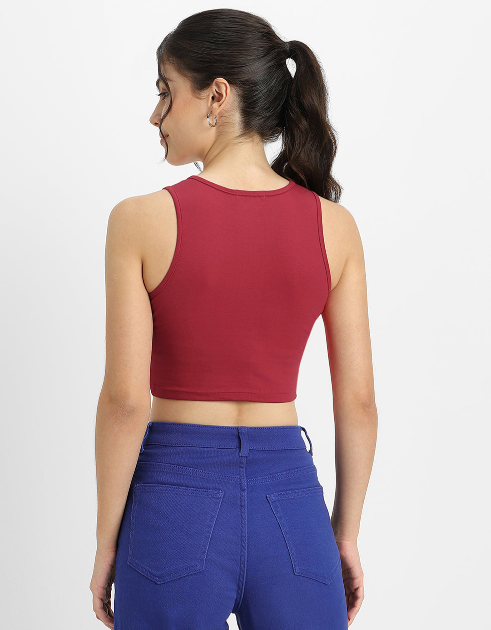 Viva Magenta Plain Round Neck Cropped Tank Top