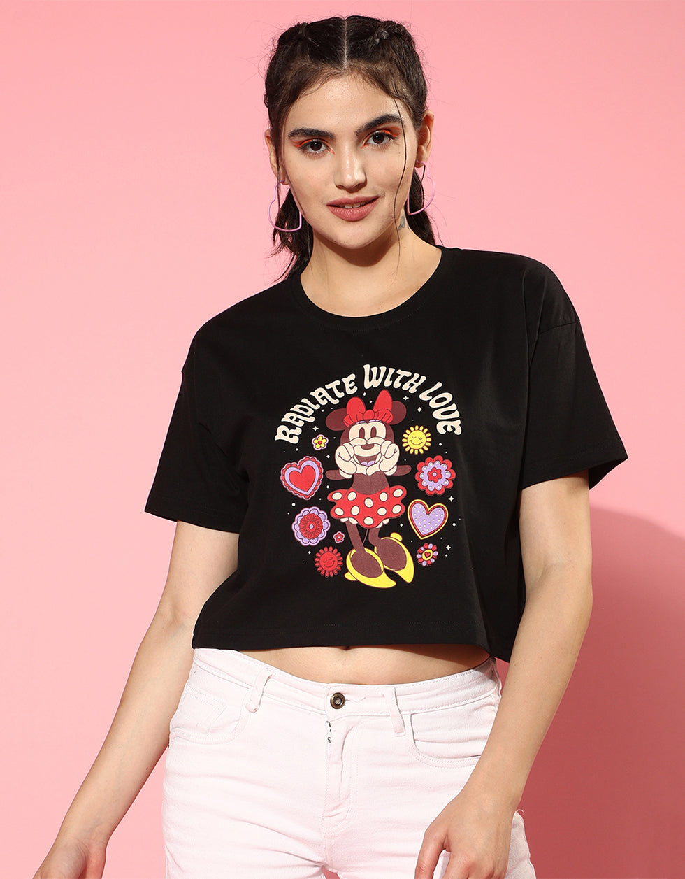 Mickey Minnie Black Graphic Printed Crop-Top