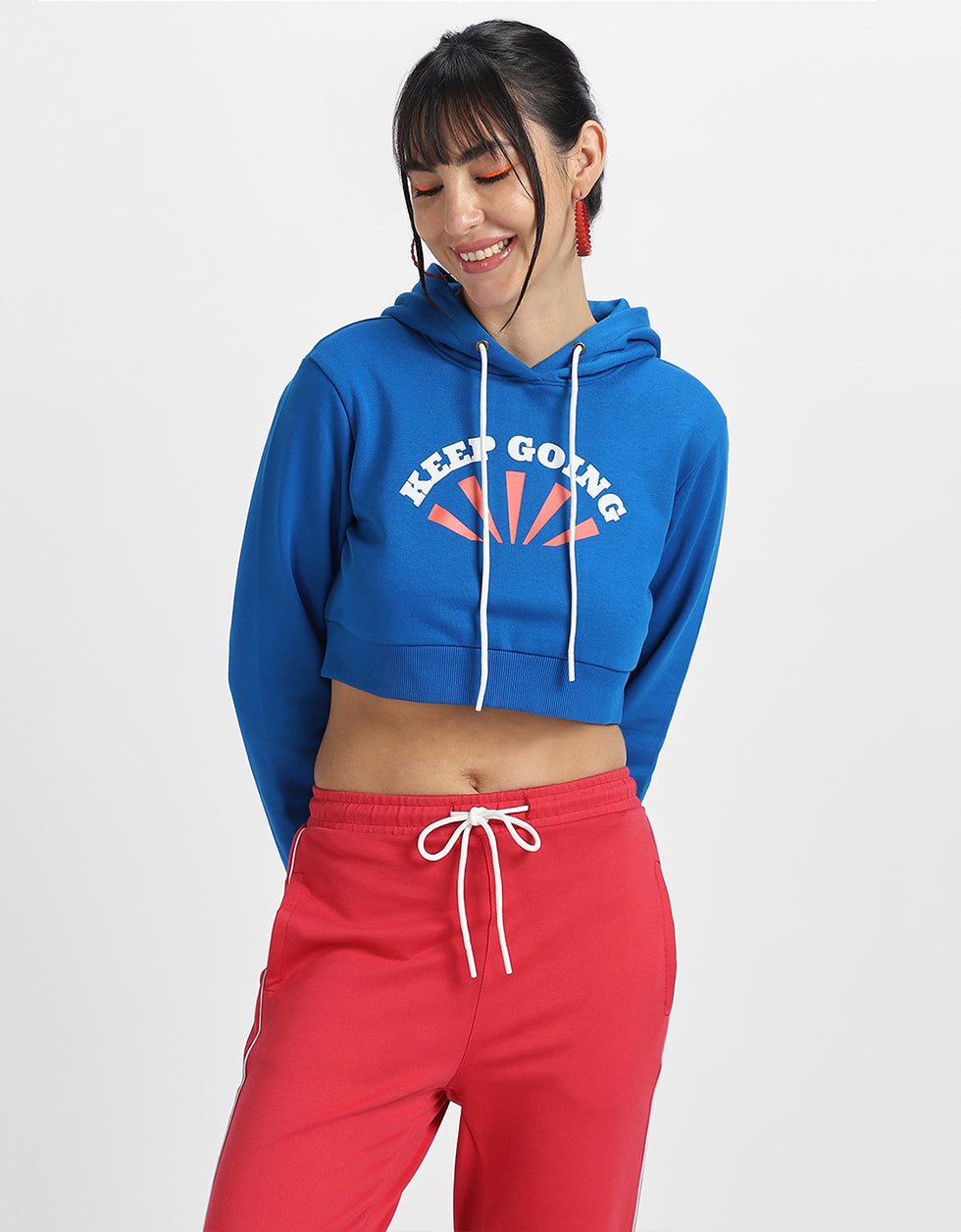 Go Outside Printed Blue Crop Hoodie