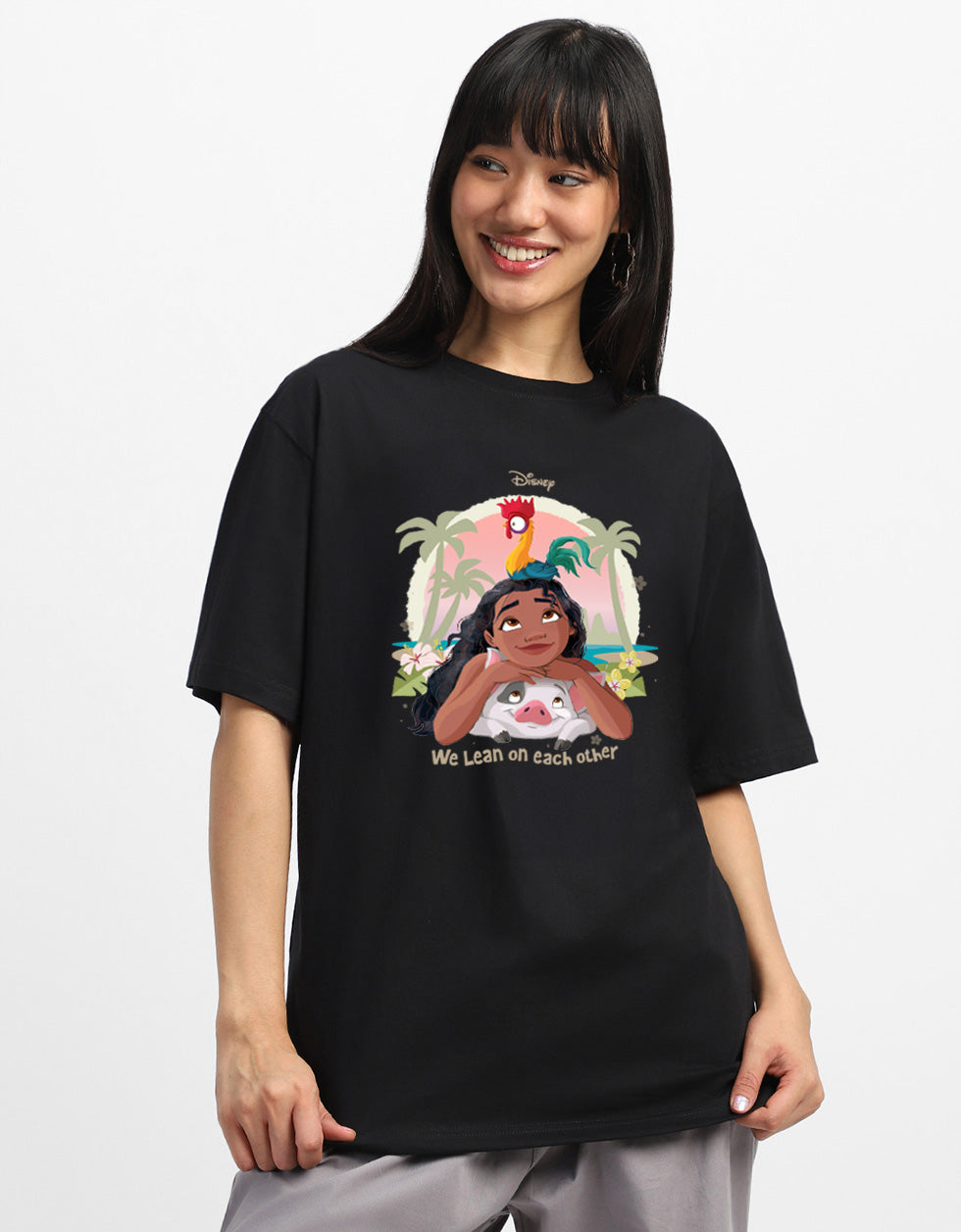 Moana Lean On Black Oversized Fit Graphic T-Shirt