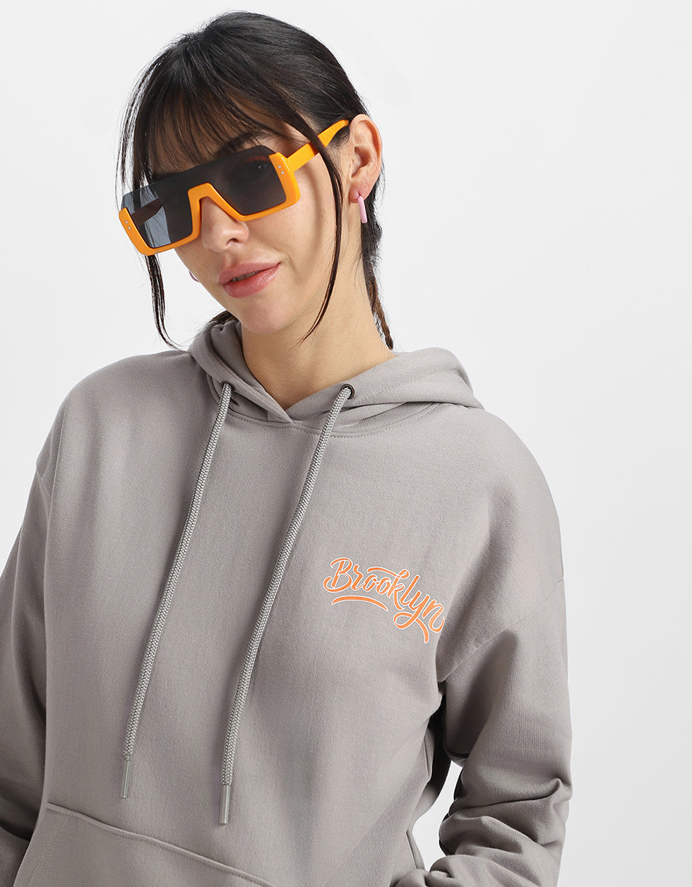 Brooklyn Typographic Printed Grey Oversized Hoodie