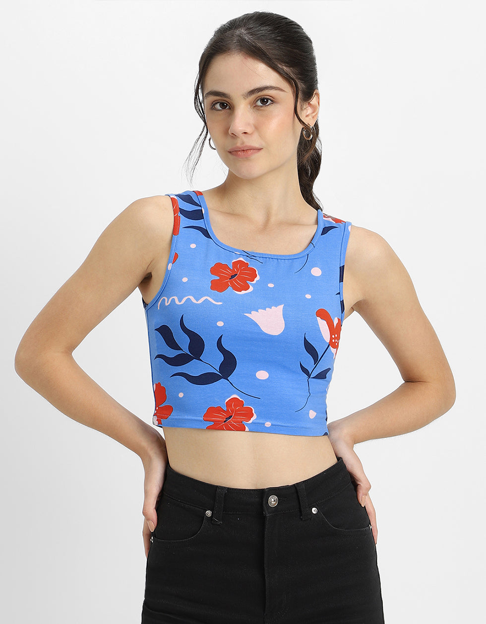 Blue Floral Printed Square Neck Cropped Tank Top