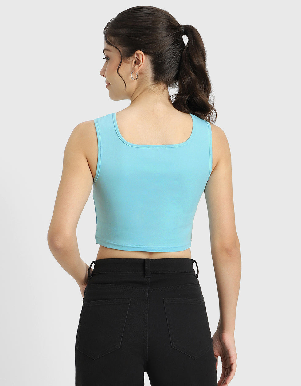 Ice Blue Plain Square Neck Cropped Tank Top