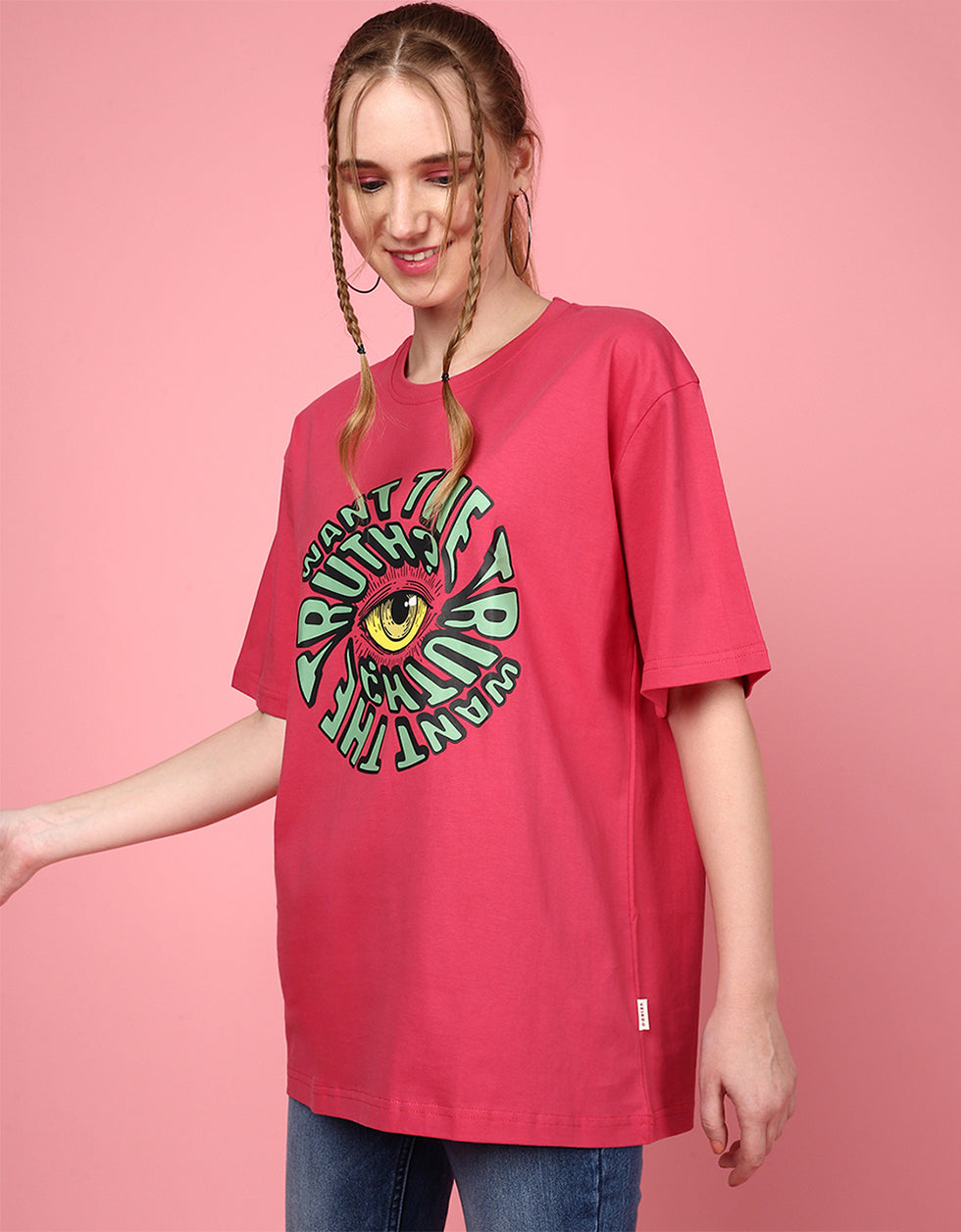 Want The Truth Magenta Oversized Fit Graphic T-Shirt