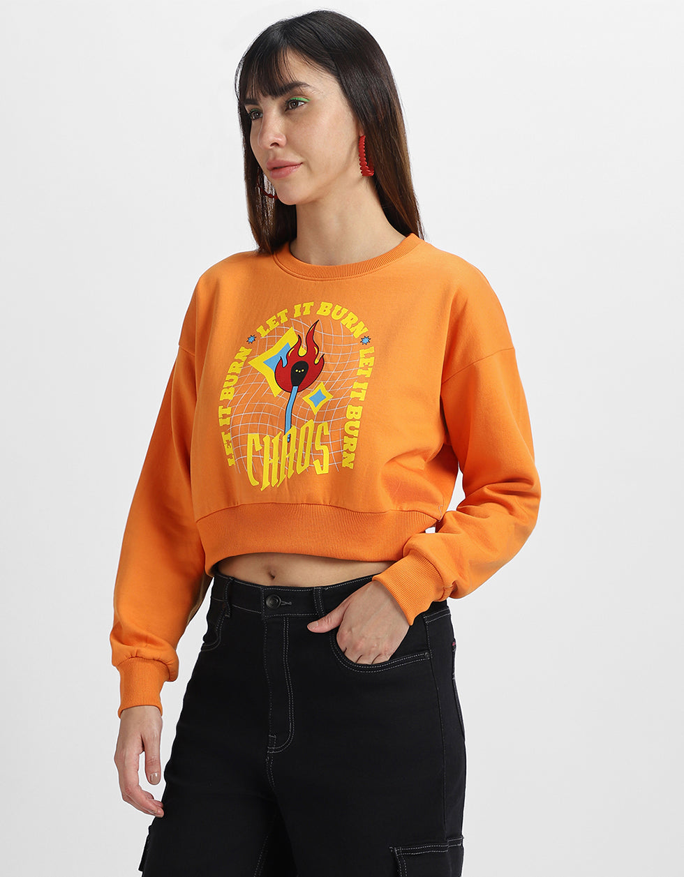 Chaos Graphic Printed Oversized Orange Sweatshirt