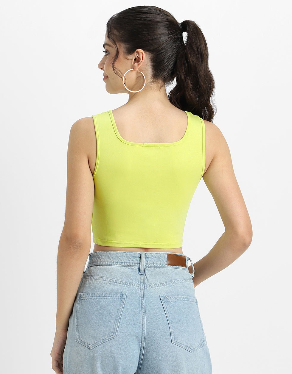 Lime Green Plain Square Neck Cropped Tank Top