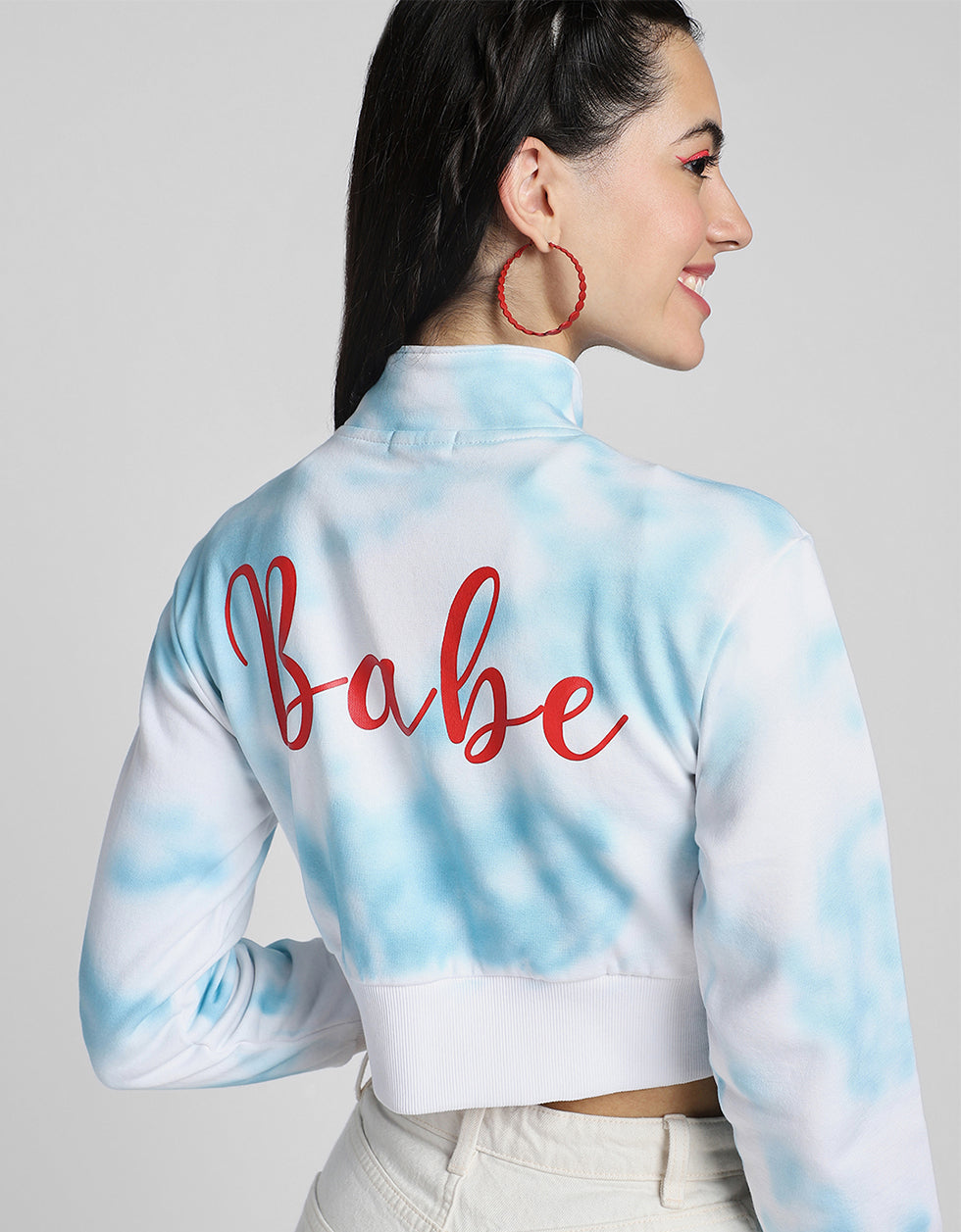 Babe Printed Tie-Dye Regular Fit White Zipper Crop Jacket