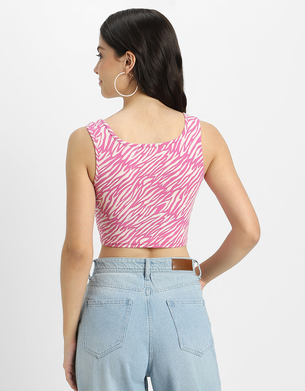 Pink Printed Square Neck Cropped Tank Top