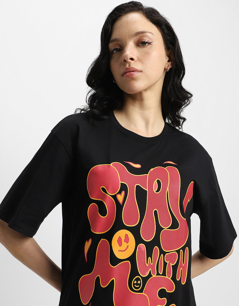 Stay With Me Black Oversized Typographic T-Shirt