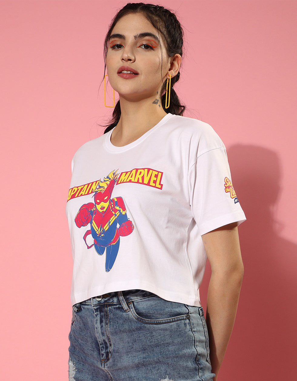 Captain Marvel White Graphic Print  Crop Top
