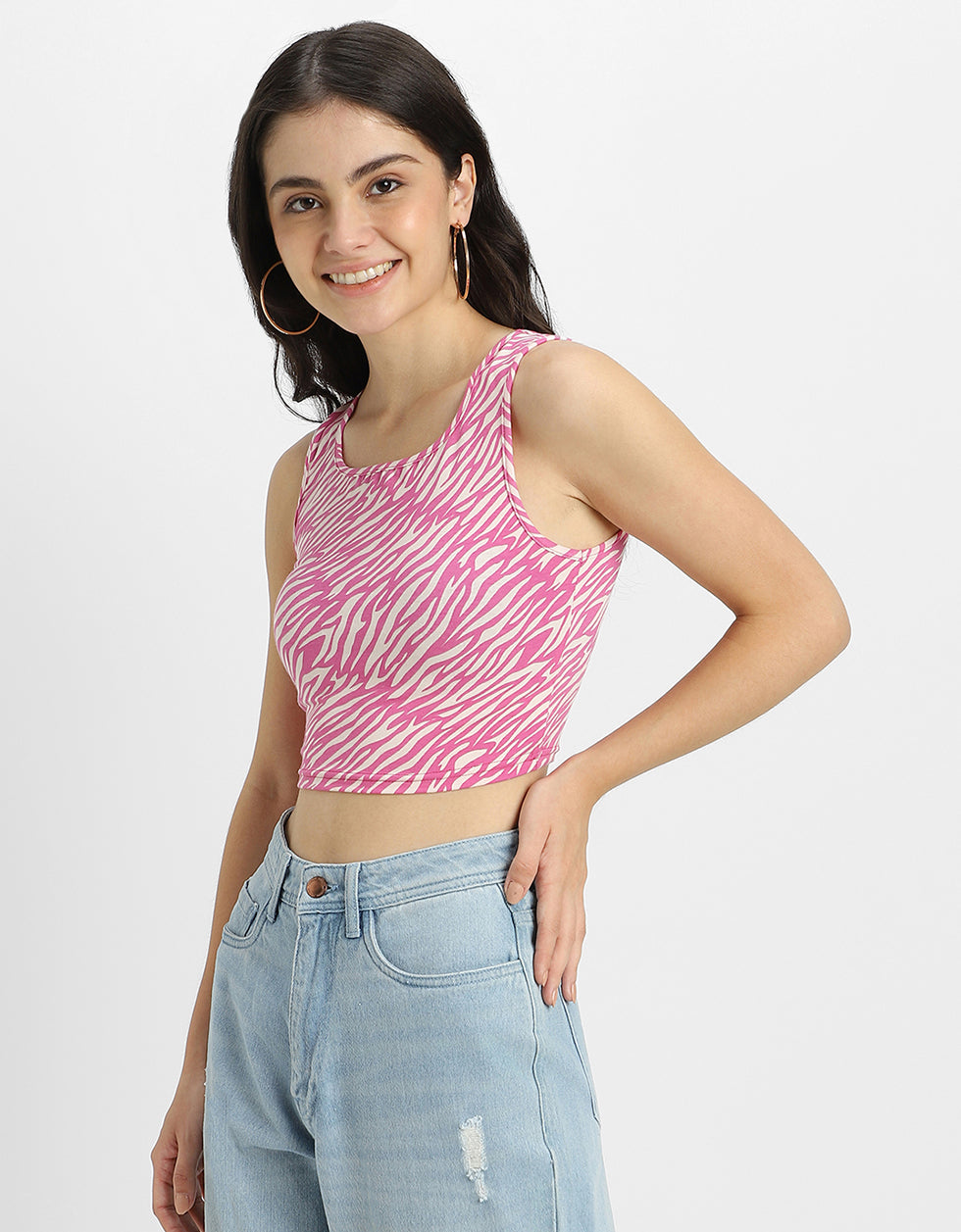 Pink Printed Square Neck Cropped Tank Top
