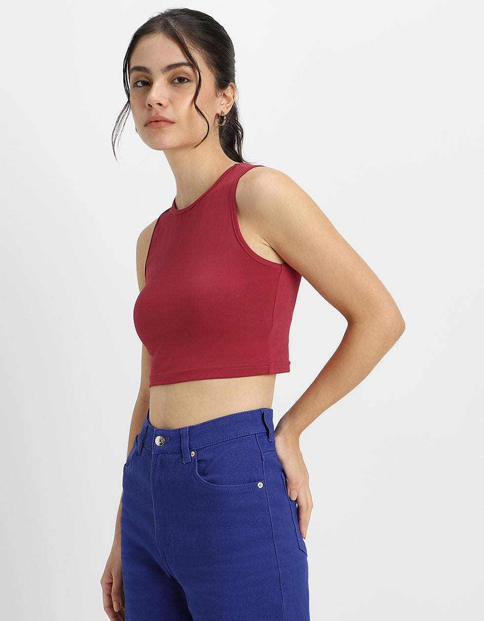 Viva Magenta Plain Round Neck Cropped Tank Top