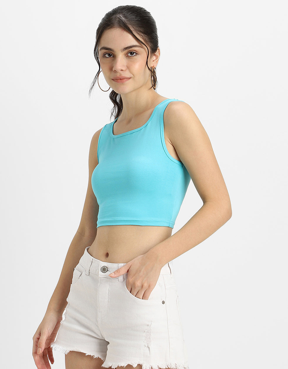 Blue Radiance Plain Square Neck Cropped Tank Top
