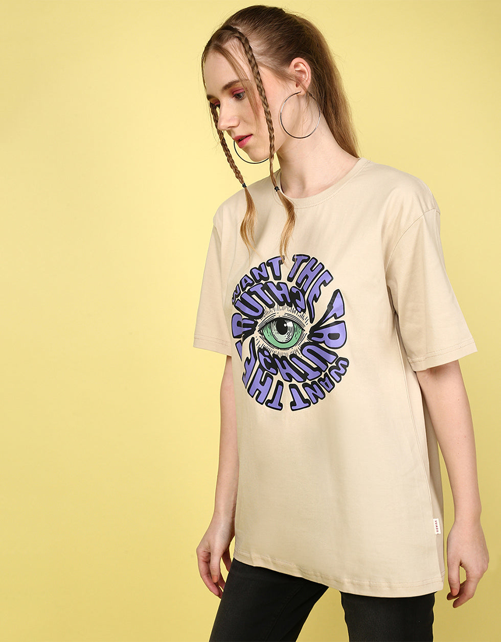 Want The Truth Beige Oversized Fit Graphic T-Shirt
