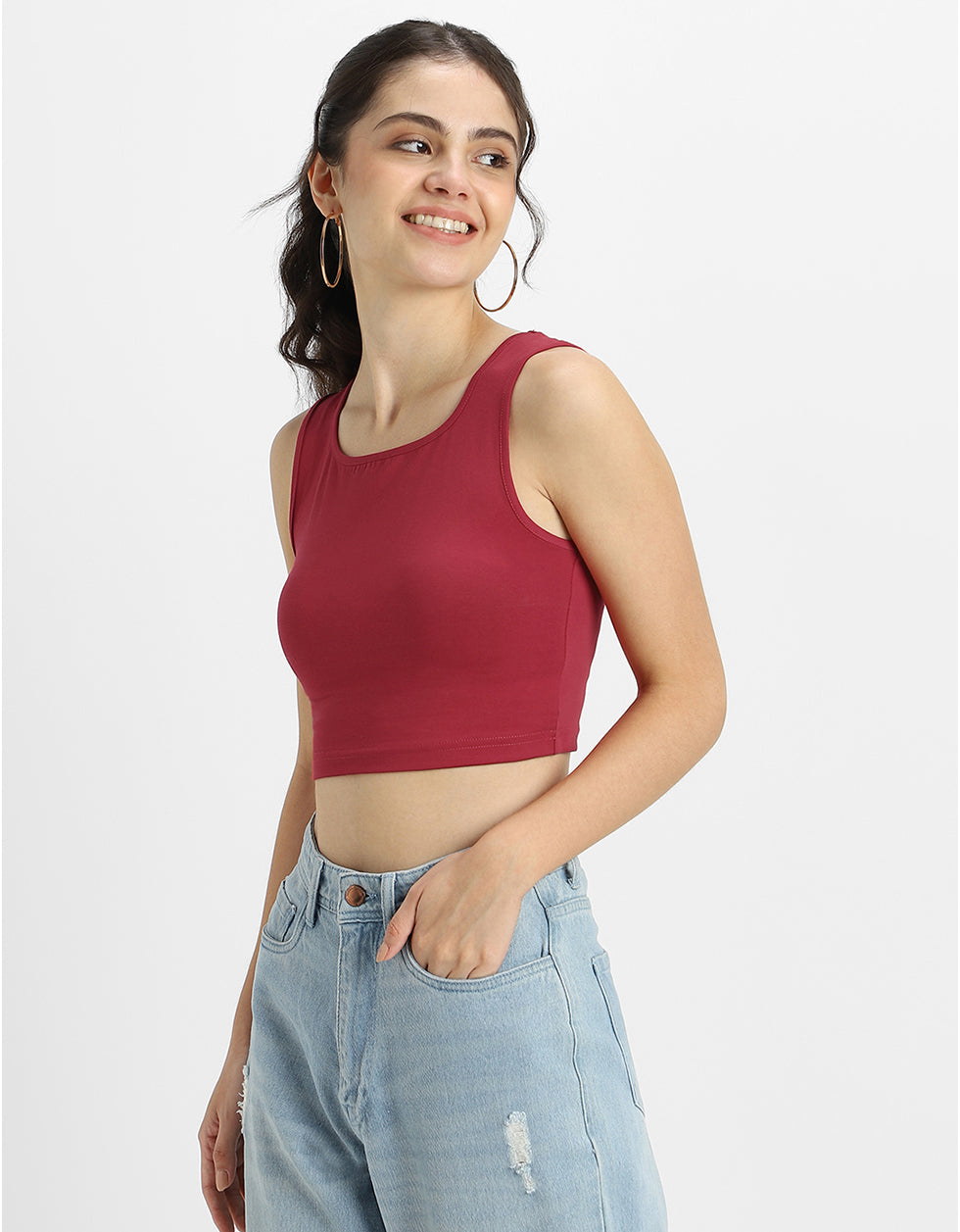Viva Magenta Plain Square Neck Cropped Tank Top