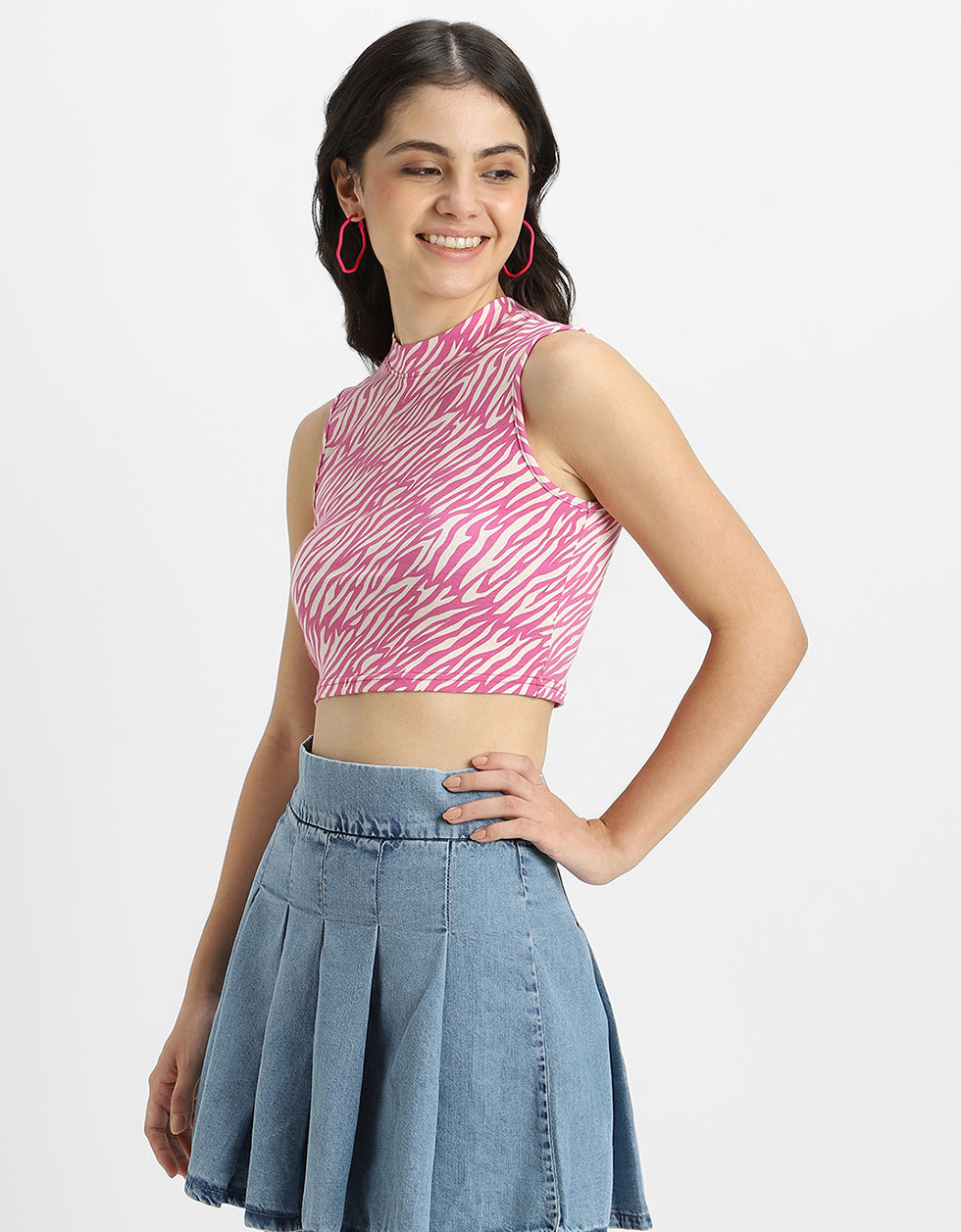 Pink Printed High Neck Cropped Tank Top